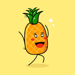 cute pineapple character with happy expression, run, two hands up and sparkling eyes. green and yellow. suitable for emoticon, logo, mascot