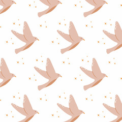 Vector seamless pattern with birds in kids boho style. Pattern with bird and stars.