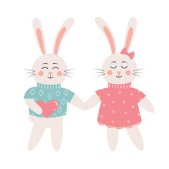 Cute bunnies in love. Bunny boy with heart holding bunny girl by the hand. Happy Valentine's day.