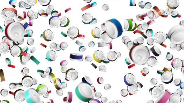 Many colorful food cans floating in air on white background. Silver can. Food concept. Meat and fish. 3D loop animation.