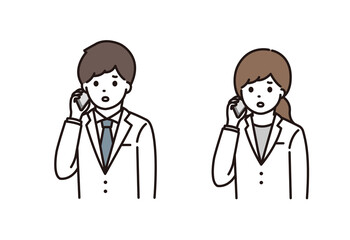 薬剤師 医師 男性 女性 スマートフォン 通話 困惑