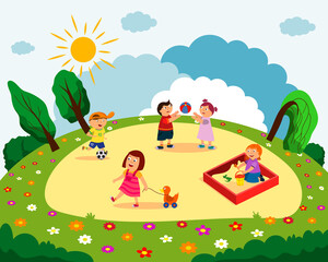 children playing outside on the playground vector illustration.