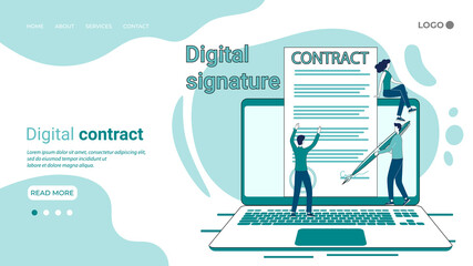 Digital contract.Business concept of electronic signature and digital documentation management.People on the background of a laptop with a digital document.An illustration in the style of a landing pa