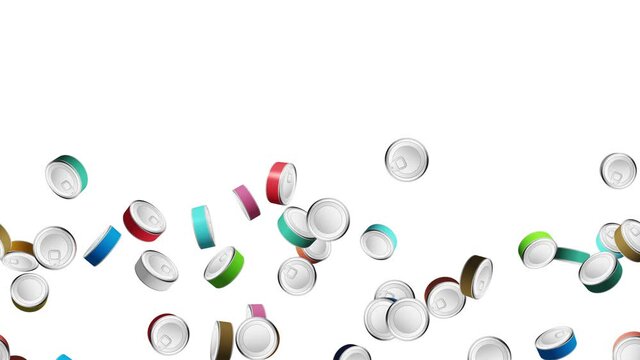 Many colorful food cans floating in air on white background. Silver can. Food concept. Meat and fish. 3D loop animation.