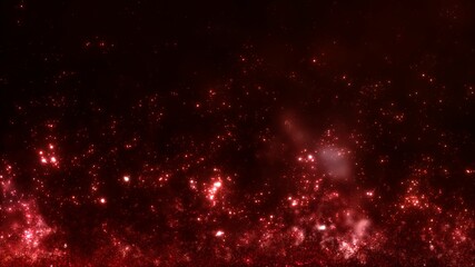 Red ascending magic atomic particles in macroscopic view. Concept 3D illustration background of illuminated entangled quantum ember fire, Valentines Day product showcase backplate and microbial life
