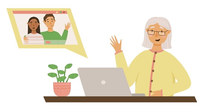 A cute grandmother communicates via video chat with her grandson and his wife. Vector illustration on white background