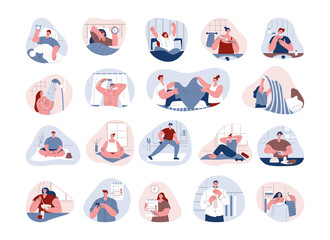 Set of people doing morning routines. Man and woman at home. Vector illustration in flat style.