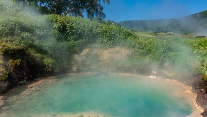 The thermal lake in the Valley of Geysers is filled with turquoise hot translucent water. There is lush green vegetation on the banks. Steam rises into the blue sky. Kamchatka