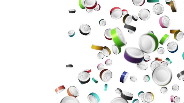 Many colorful food cans floating in air on white background. Silver can. Food concept. Meat and fish. 3D loop animation.