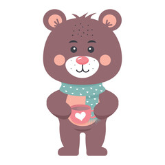 Cute teddy bear in a scarf holding a mug with a heart. Valentine's Day or Christmas design element. Funny baby animal.
