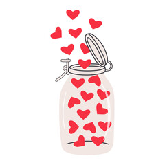 Open glass jar with hearts flying out from there. Love and valentine's day concept.