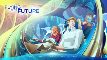 a family in the flying car. They are traveling in a futuristic city and feel stunning with the modern scenery of the city.