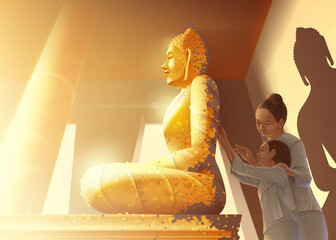 auntie is guiding her granddaughter to gild the gold leaf on buddha statue and teaching her about ancient Thai idiom of gilding behind the Buddha statue.
