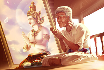 a buddhist old man is offering alms to monks and practicing dhamma at a Thai temple with great faith in the belief that this will lead him to be born as a deva in heaven