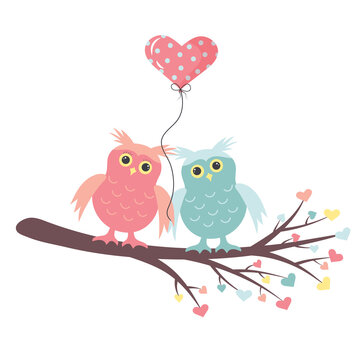 Owls in love are sittting on the branch with a balloon in the form of a heart. Branch with leaves in the form of hearts. Love and Valentine's day concept.