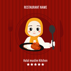 Cartoon cahracter muslim hejab ,Halal muslim Kitchen, logo muslim cook, restaurantmenu