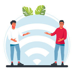 A men stands next to a large wi-fi sign. Vector illustration, public free wireless connection, wireless wifi hotspot, For mobile user interface, digital data streaming over radio channels