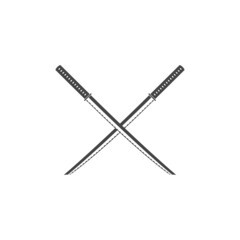 Naklejka premium Two samurai crossed swords isolated vector emblem. Ninja catana weapon. Black and white illustration.