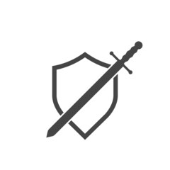 Shield and sword isolated vector emblem. Serve and protect sign. Black and white illustration.