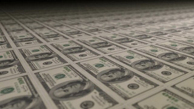 100 dollar bills on money printing machine. Video of printing cash. Banknotes.