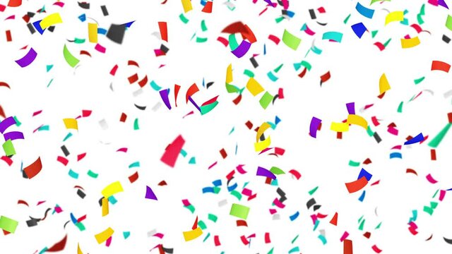 Many colorful confetti floating in air on white background. Party concept. Rectangular paper. 3D loop animation.