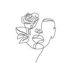 Female Floral Head Line Art Drawing. Flower Head Woman Line Drawing for Wall Art, Print, Poster, Social Media. Flower Woman Minimalist Art. Vector EPS 10