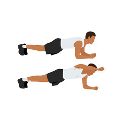 Man doing Elbow plank arm lifts exercise. Flat vector illustration isolated on white background