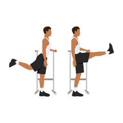 Man doing Forward leg hip exercise. Flat vector illustration isolated on white background