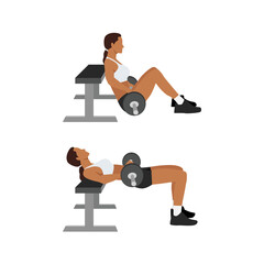 Woman doing Barbell hip thrusts exercise. Flat vector illustration isolated on white background - obrazy, fototapety, plakaty