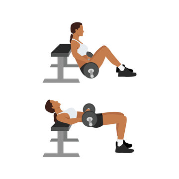 Woman doing Barbell hip thrusts exercise. Flat vector illustration isolated on white background