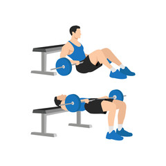 Man doing Barbell hip thrusts exercise. Flat vector illustration isolated on white background - obrazy, fototapety, plakaty