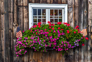 Fototapeta na wymiar USA, New Hampshire, Sugar Hill with old barn decorated with flowers and theme of Autumn