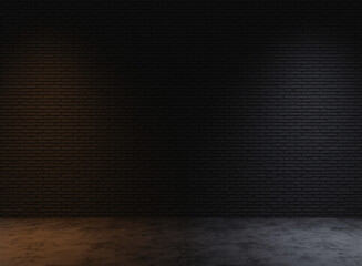 3d rendering two lights with different colors shine, black floor and decorative brick wall