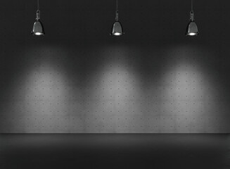3d rendering of three included decorative lights, black floor and decorative concrete wall