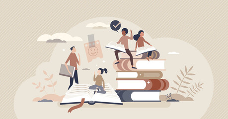 Reading kids with educational books for knowledge growth tiny person concept. Children library for school, expand mind horizons and imagination development vector illustration. Pupil study process.