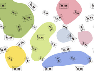 レトロなカセットテープと抽象カラーのパターン背景