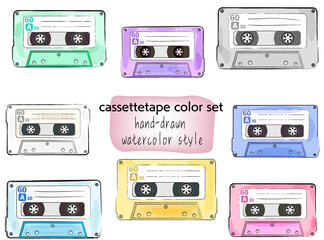 レトロなカセットテープ、バリエーション手描き水彩風パステルカラーセット