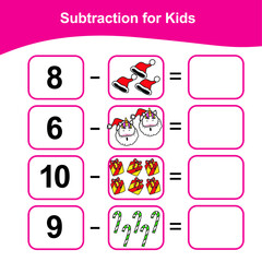 Counting Game for Preschool Children. Math Worksheet for Preschool. Christmas theme. Educational printable math worksheet. Subtraction math for kids. Vector illustration. 