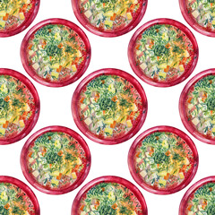 Seamless pattern watercolor soup with vegetable potato pumpkin greenery dill in red plate isolated on white background. Hand-drawn hot food lunch dinner for cafe menu. Creative for wallpaper wrapping