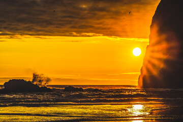 Colorful sunset, birds, Haystack Rock sea stack, Canon Beach, Clatsop County, Oregon. Originally discovered by Clark of Lewis Clark in 1805 © Danita Delimont