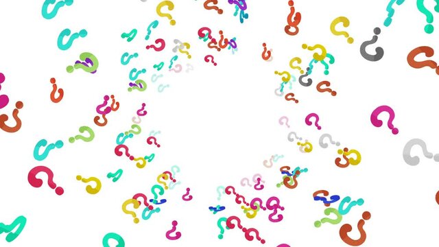 Many colorful question marks floating in air on white background. Thinking icon illustration. Childhood education concept. 3D loop animation.