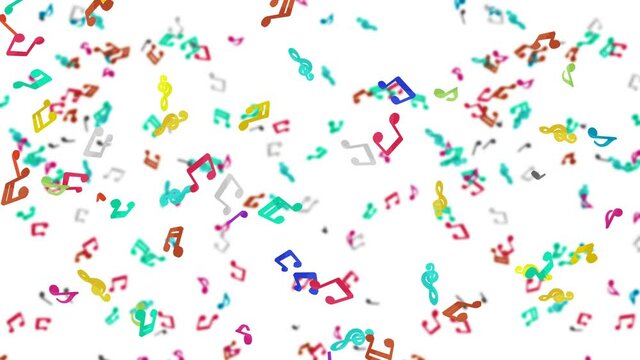 Many colorful musical notes floating in air on white background. Music score illustration. Education concept. 3D loop animation.