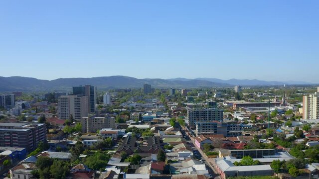 Drone Shot travel left, city ​​of talca maule septima region Chile looking at the buildings in the city center