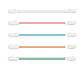 Cotton swabs with absorbent wool buds on differnt color plastic stick, medical, makeup or hygienic tools set