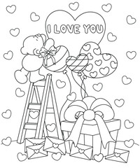 lovely bear decorating a heart balloons valentine's day  for coloring book