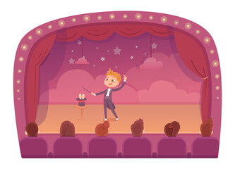 Naklejka premium Kid magician and magic circus show, boy illusionist conjuring tricks with rabbit in hat