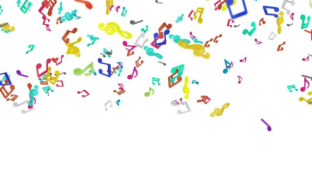 Many colorful musical notes floating in air on white background. Music score illustration. Education concept. 3D loop animation.