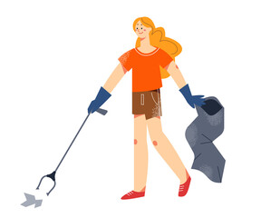 Eco volunteer girl picking up paper waste trash with litter stick, environmental cleanup