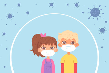 Kids with protective face mask and immune bubble shield, medical defense and prevention