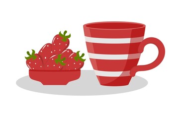 Strawberries on a plate, glass for a drink, color illustration on a white background, for print and decoration